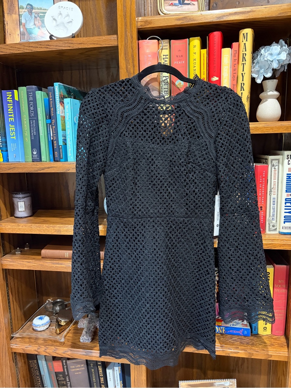 Aqua Black Crochet Lace Long-Sleeve Mini Dress